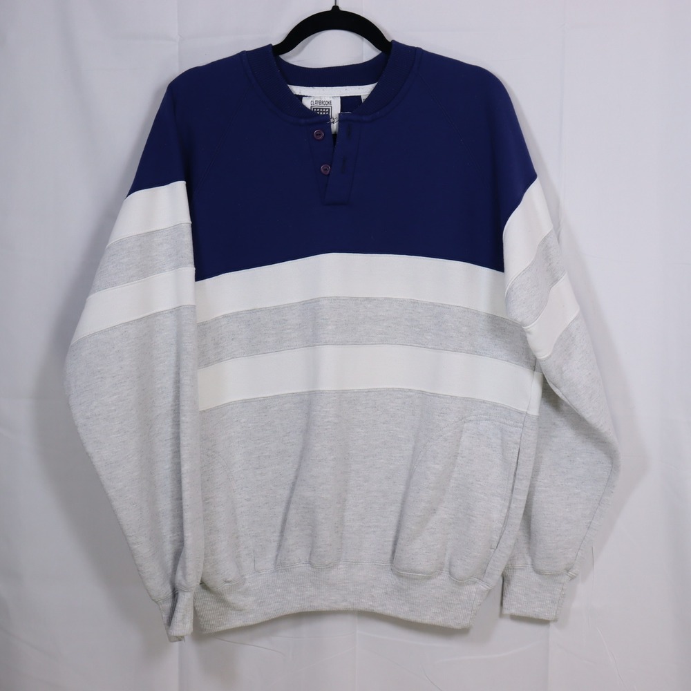 Claybrooke Sport Henley Sweatshirt Mens Large Blue Gray‎ Colorblock Vintage 90s